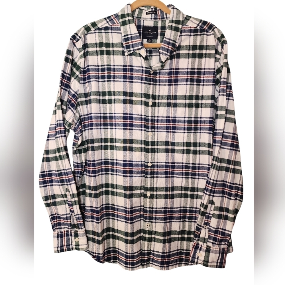 American Eagle Plaid Flannel Shirt Mens 2X Green Blue Long Sleeve Button Down